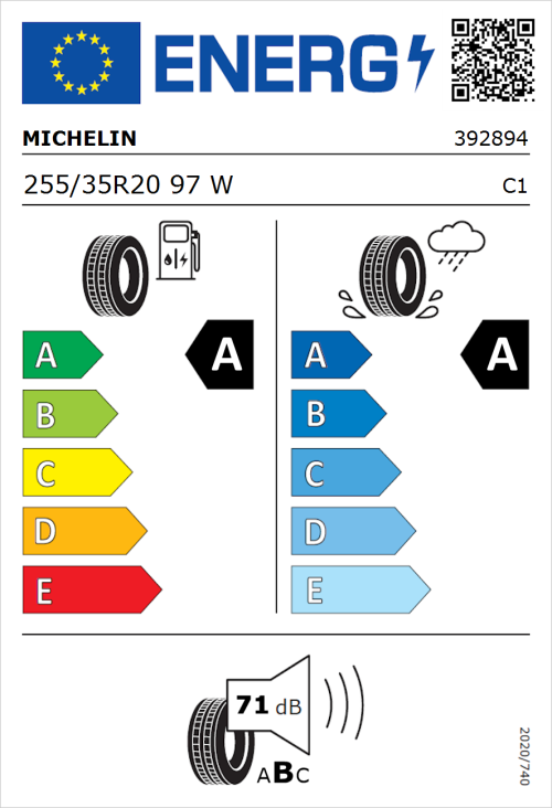Tyre Label for Michelin Pilot Sport 4 255/35R20 97W