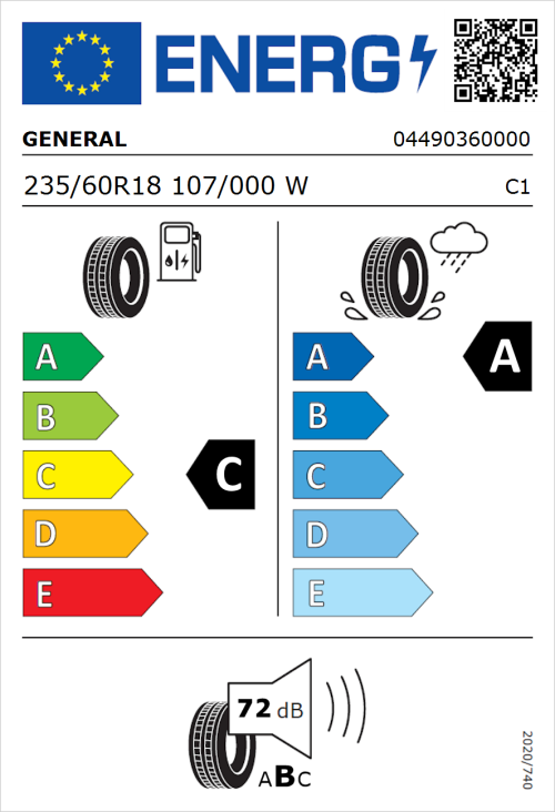 Tyre Label for General Grabber GT Plus 235/60R18 107/000W