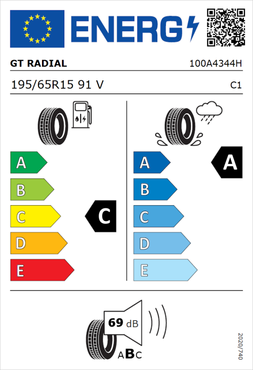 Tyre Label for GT Radial FE2 195/65R15 91V