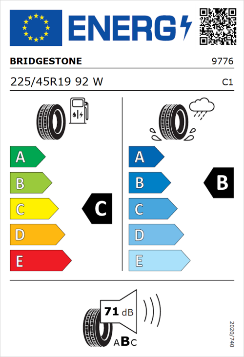 Tyre Label for Bridgestone Dueler H/P Sport 225/45R19 92W
